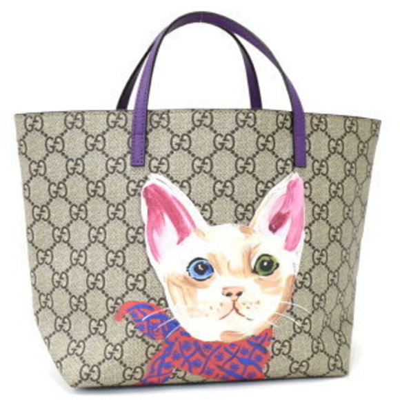 Gucci Tote Bag Handbag GG Supreme Beige Purple Cat - Picture 1 of 8